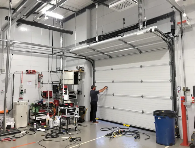 Beachwood Garage Door Repair certified technician performing commercial door repair at a Beachwood business facility