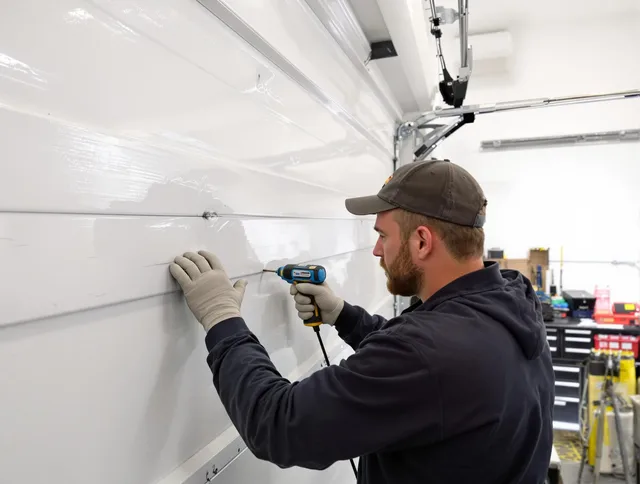 Beachwood Garage Door Repair technician demonstrating precision dent removal techniques on a Beachwood garage door