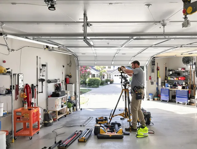 Beachwood Garage Door Repair specialist performing laser-guided track alignment in Beachwood